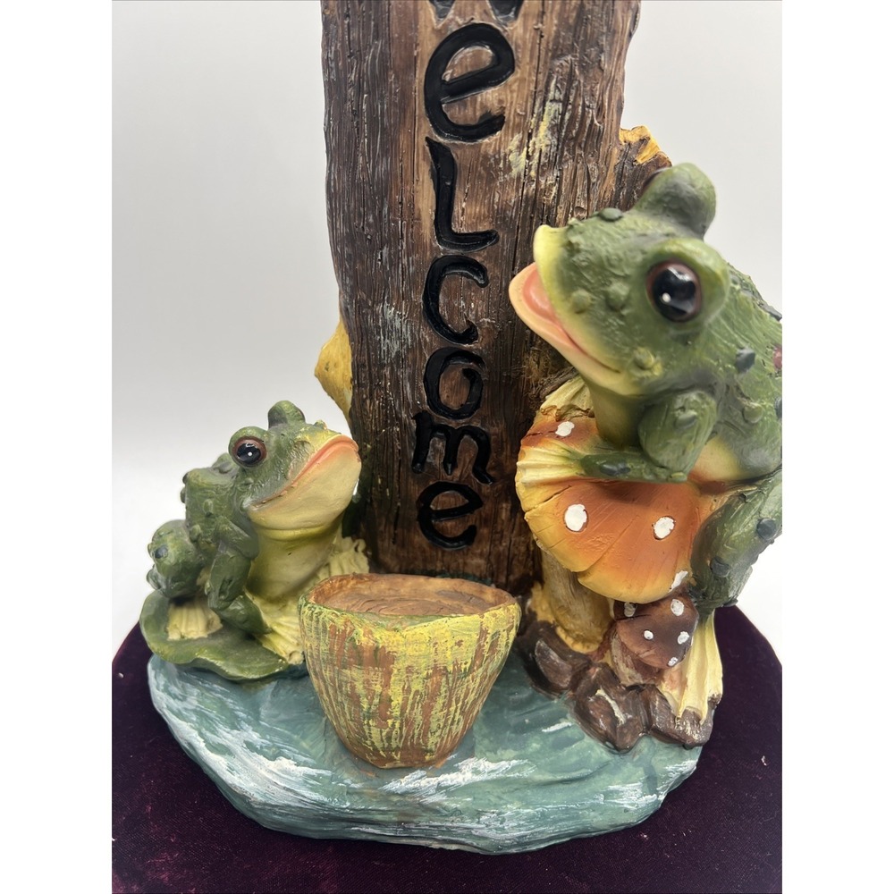 Frog Garden Statue Resin Welcome Sign Tall 16" Toadstools Logs Stacked Outdoor - Picture 5 of 10